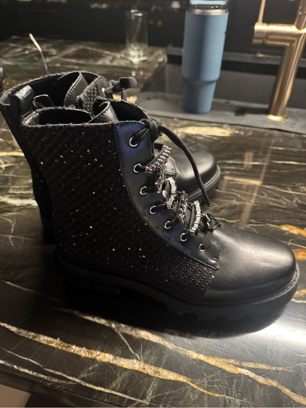 Karl Lagerfeld Black Embellished Lace-Up Ankle Boots